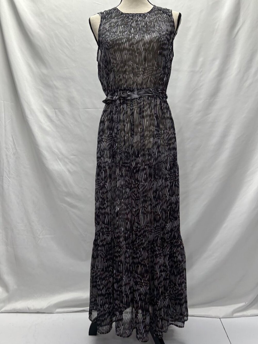 Sheer Black/Gray Tiered Maxi Dress By Simply Vera Small Belt Keyhole
